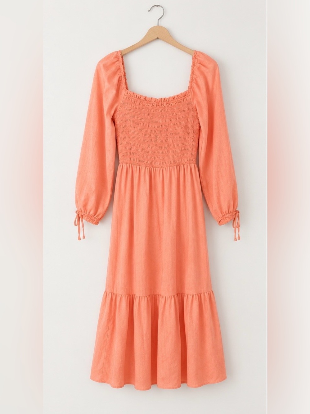 LC Lauren Conrad Coral/Peach Smocked Midi Dress with Puff Sleeves - Size Small